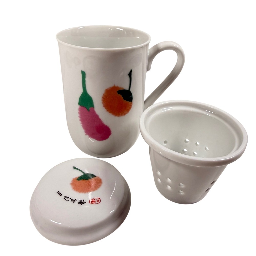 Snow-White China Ceramic Tea Mug with Infuser and Lid Eggplant Persimmon Design